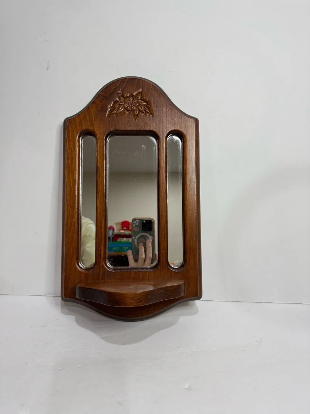 Vintage Dark Wood Cutout Accent Wall Mirror with Small Shelf